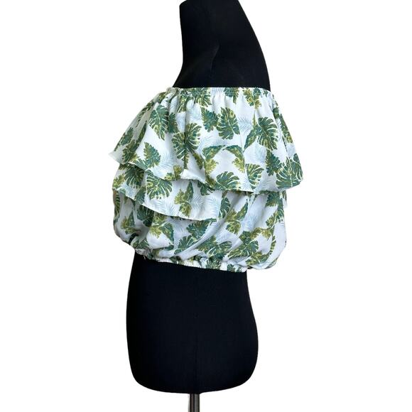 Paper Crane white green palms print off shoulder ruffled crop top size Large - Picture 8 of 11
